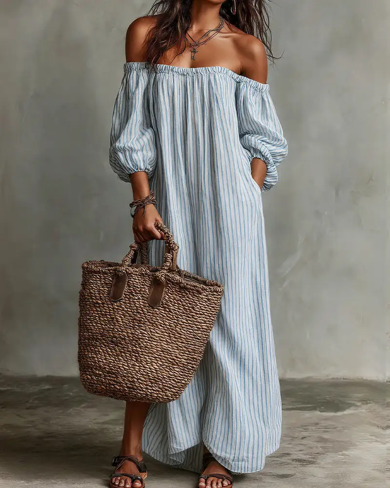 Striped Off-Shoulder Linen Resort Maxi Dress