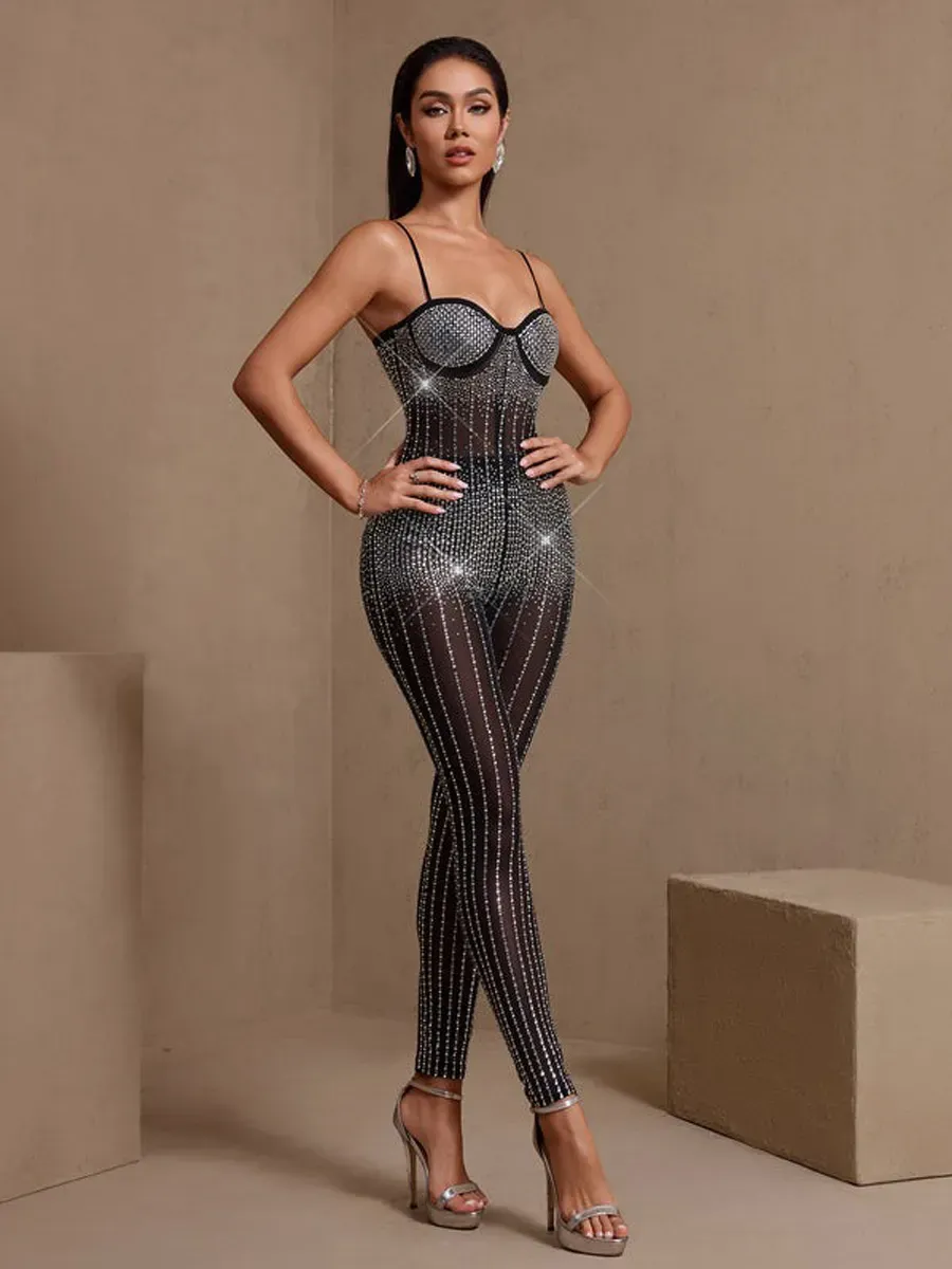 Liliana Sexy Corset Rhinestone Gauze Jumpsuit