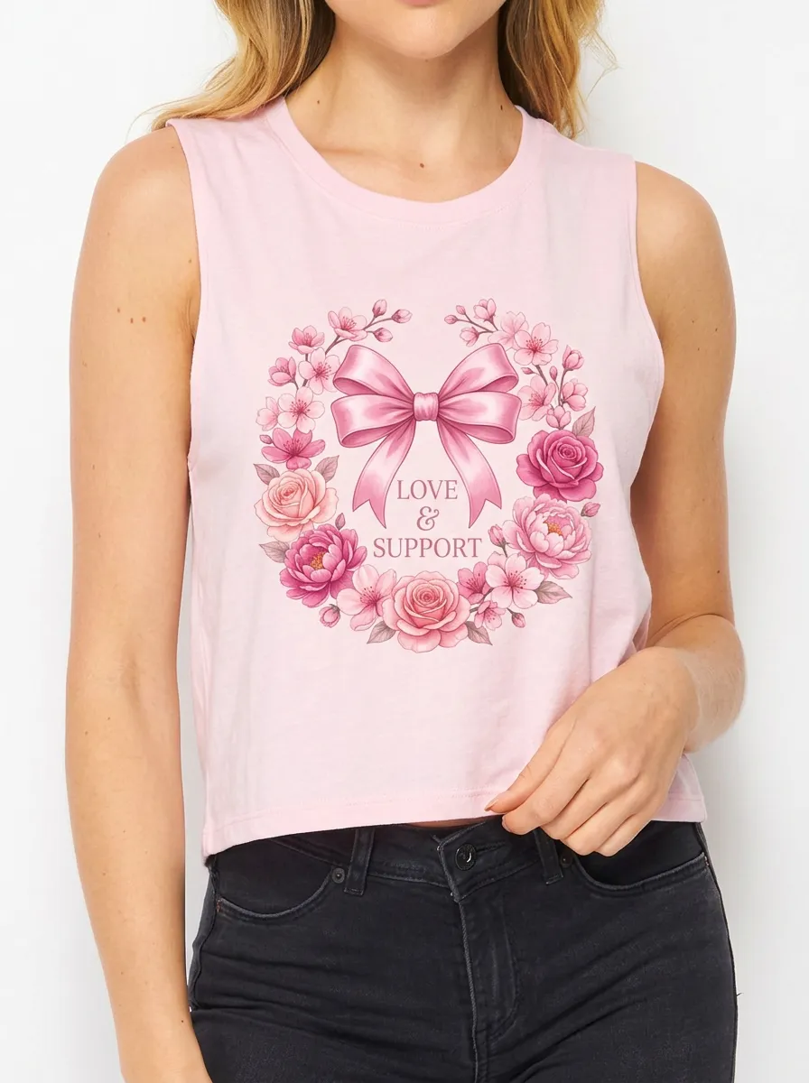 Women's Breast Cancer Awareness Pink Ribbon Floral Wreath Printed Tank Top