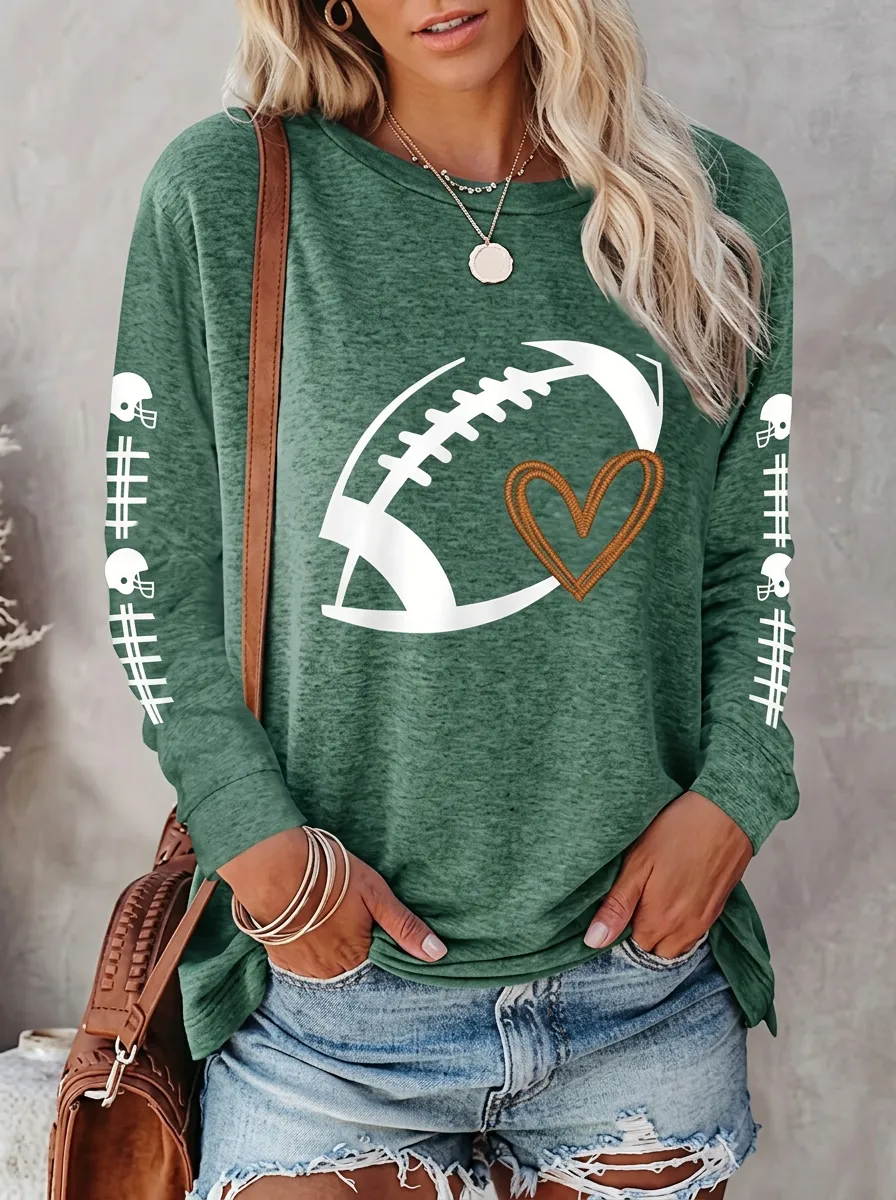 Women's Stadium Inspired Gridiron Heart Ball Crewneck Long Sleeve T-Shirt