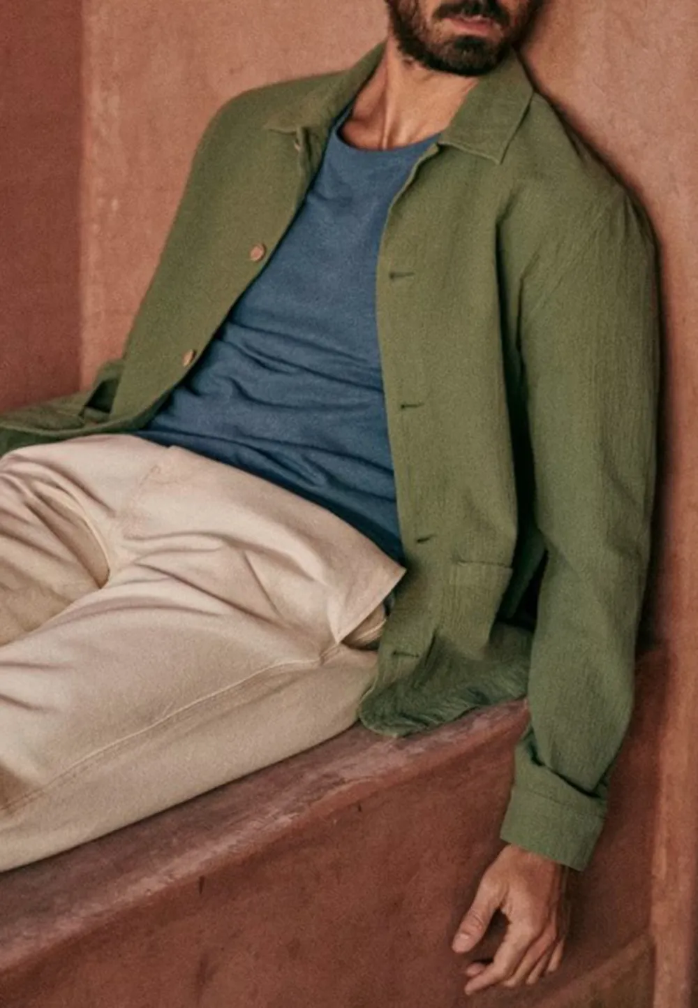 Green Cotton Textured Button Front Chore Jacket