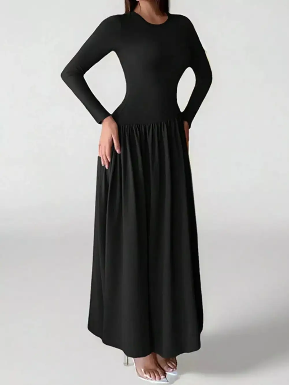 Long Sleeve Ruched A Line Maxi Dress