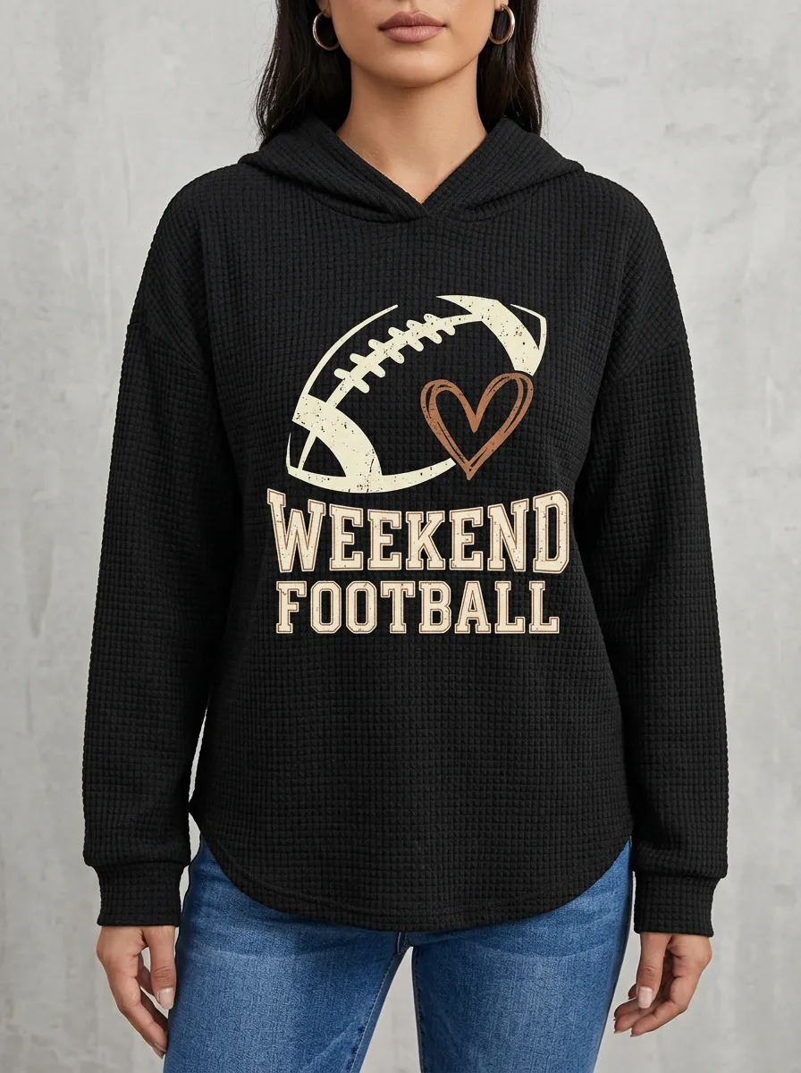 Women's Easygoing Weekend Football Heart Graphic Printed Waffle Hoodie