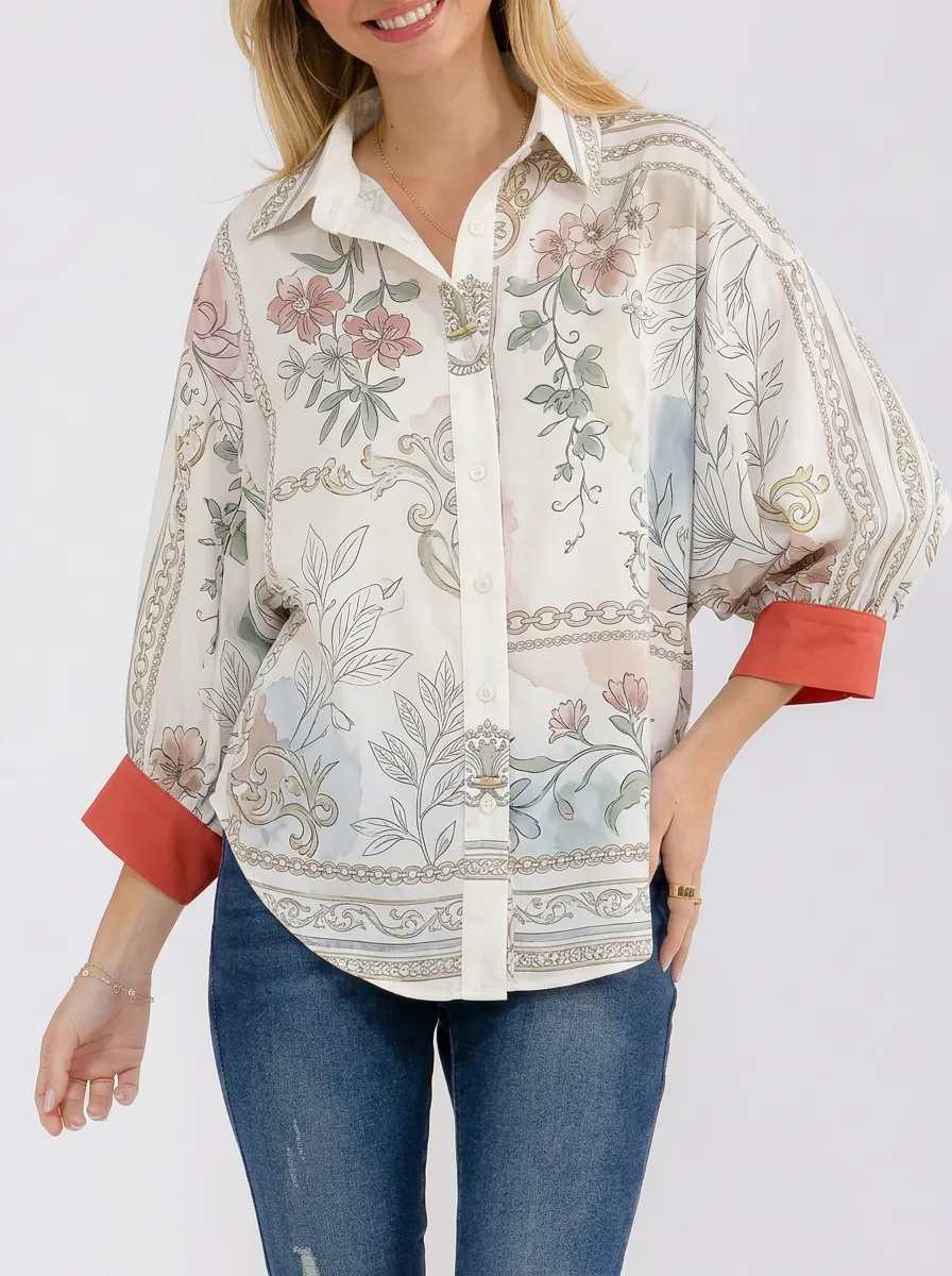 Women's Vintage Floral Chain Print Contrast Cuff Button-Down Shirt