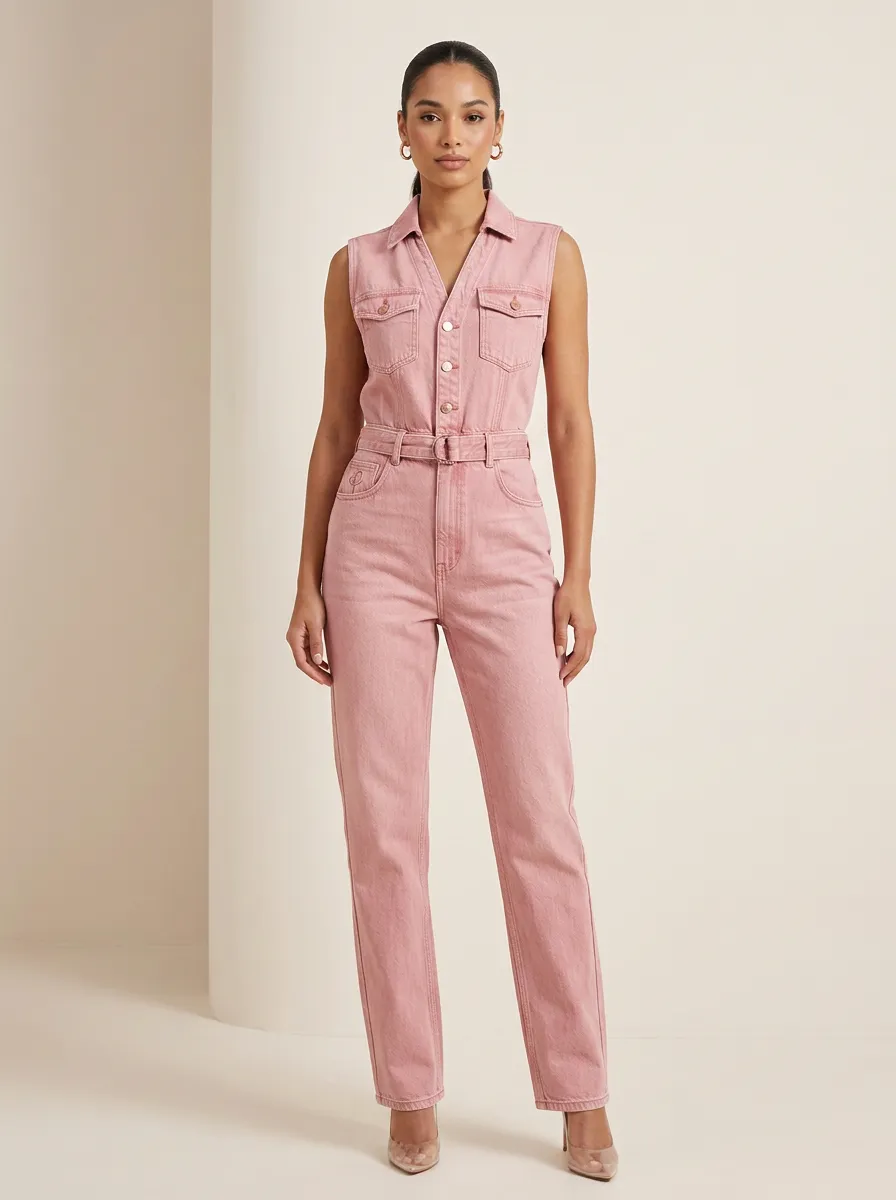 Pink Sleeveless Denim Jumpsuit