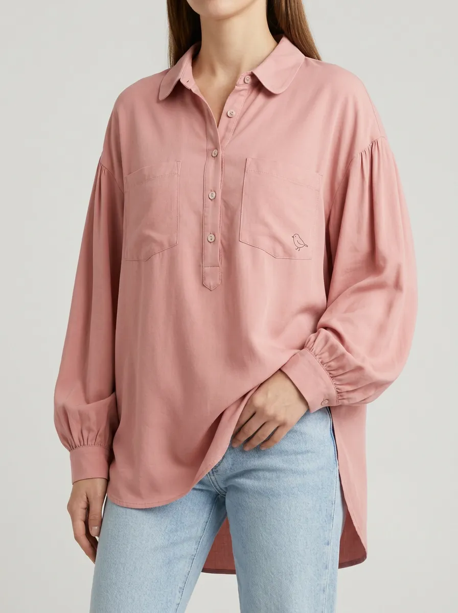Women's Pink Bird Minimalist Embroidered Printed Shirt