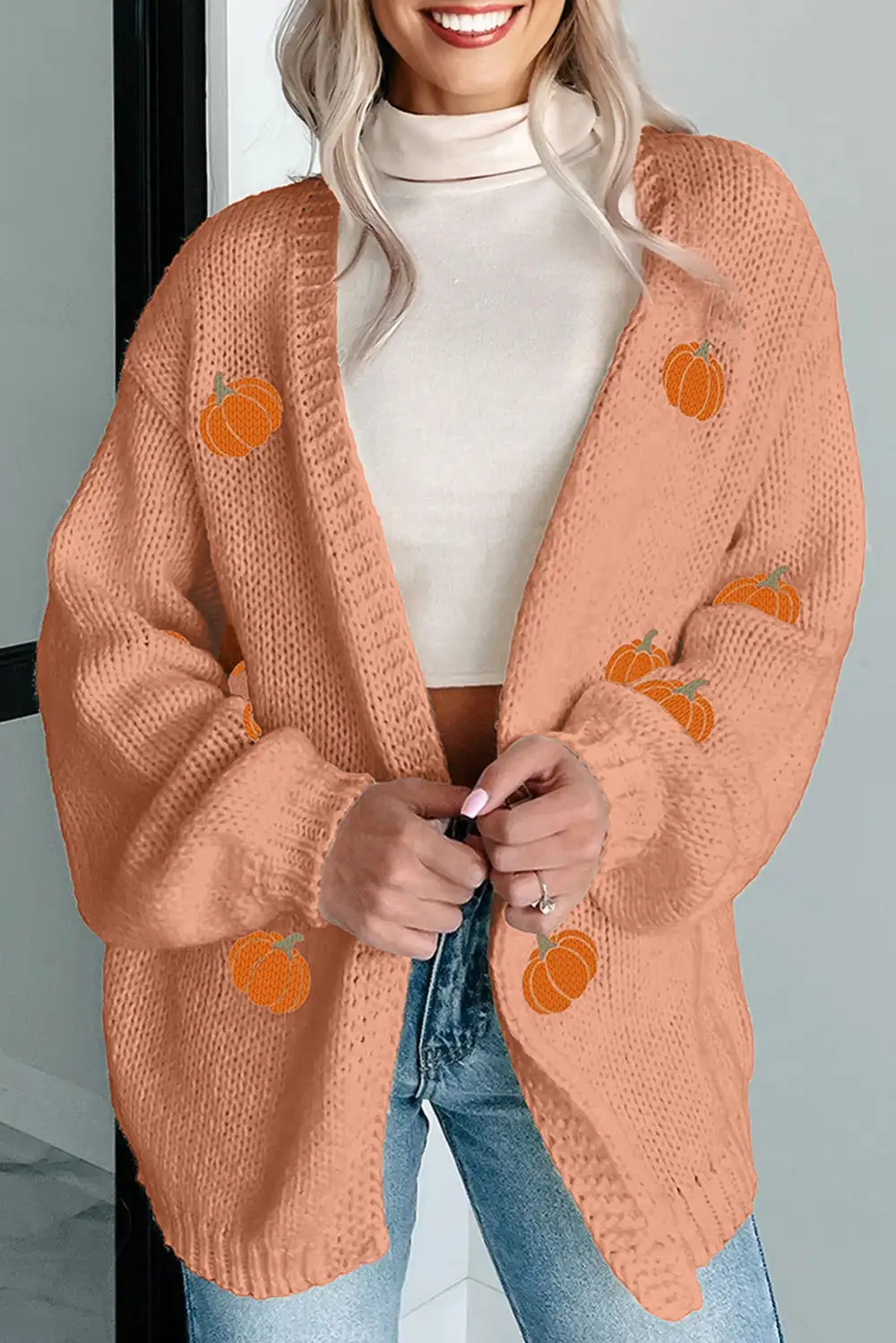 Pumpkin Tree Print Open Front Drop Shoulder Midi Cardigan