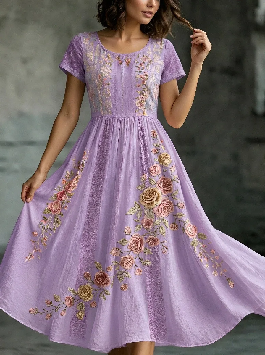 Women's Breast Cancer Awareness Rose Floral Embroidered Printed Dress