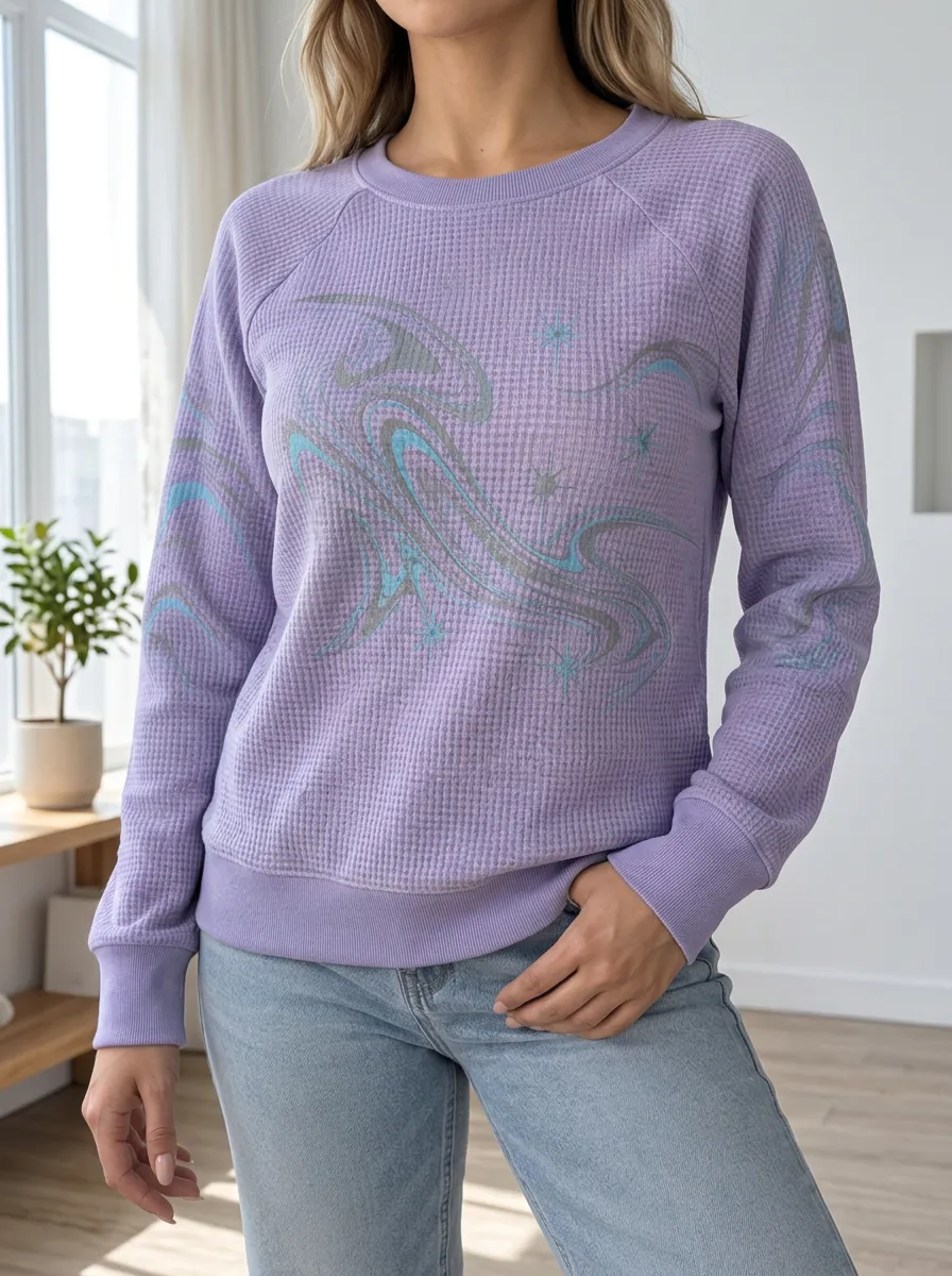 Women's Millennium Aesthetic Swirl Star Graphic Waffle Knit Crewneck Sweatshirt