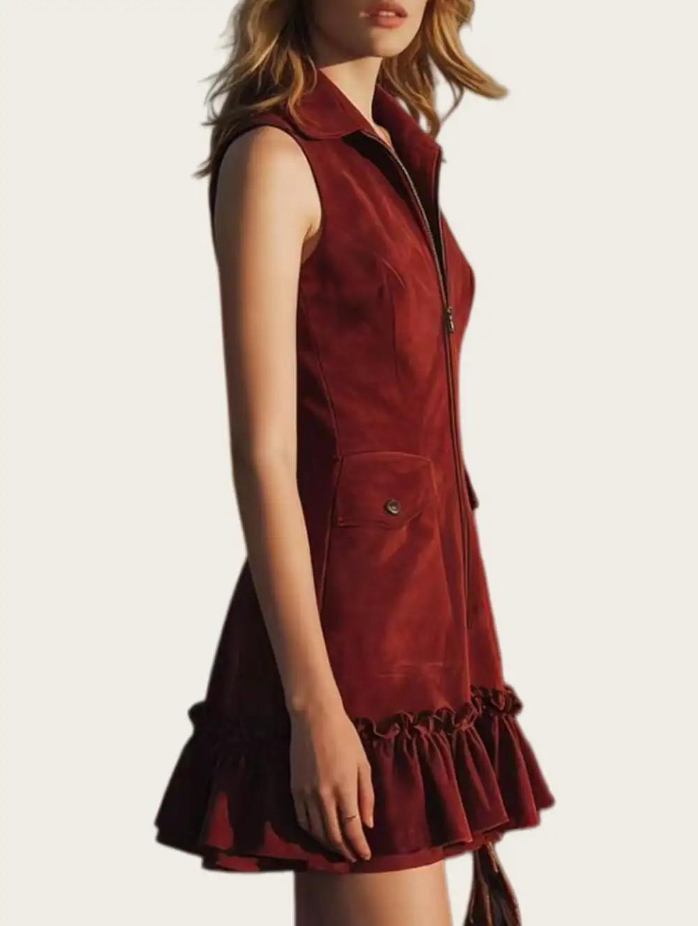 Stand Collar Ruffle Sleeveless Mini Dress