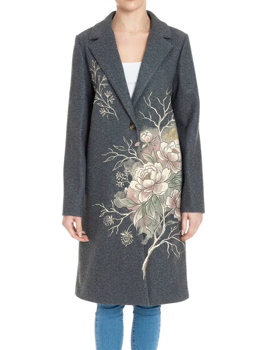 Women's Floral Art Nature Lover Peony Printed Wool Coat