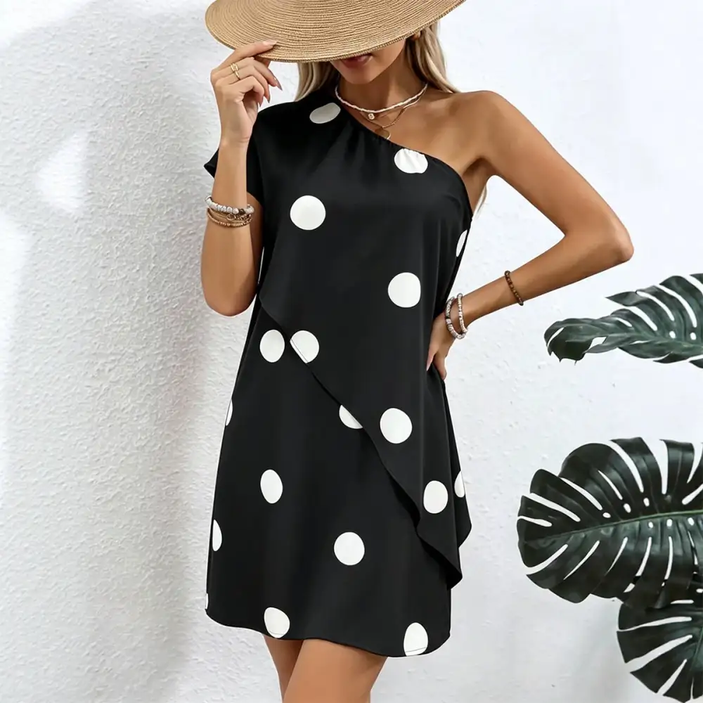 Print One Shoulder Ruffle Hem Dress