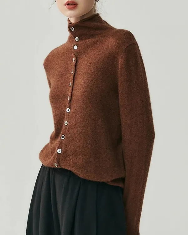 Cashmere Button-Front Turtleneck Cardigan