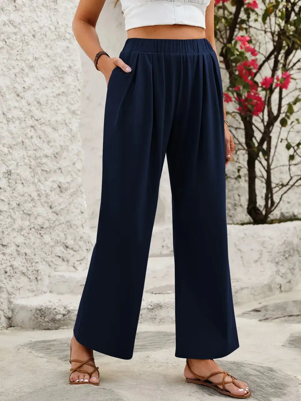 Wide Leg Elastic Waist Pocketed Everyday Pants