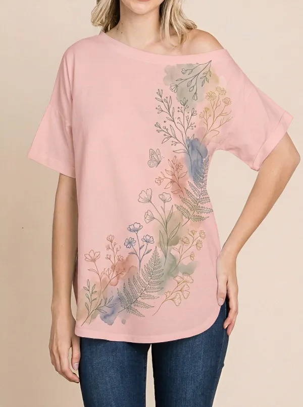 Women's Botanical Nature Lover Watercolor Floral Printed T-shirt
