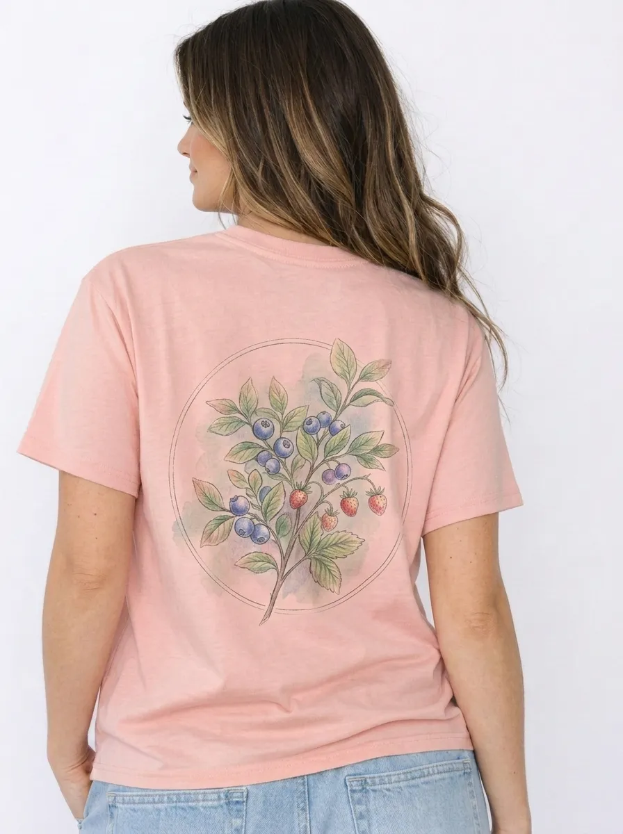 Women's Nature Lover Blueberry Strawberry Botanical Printed T-shirt