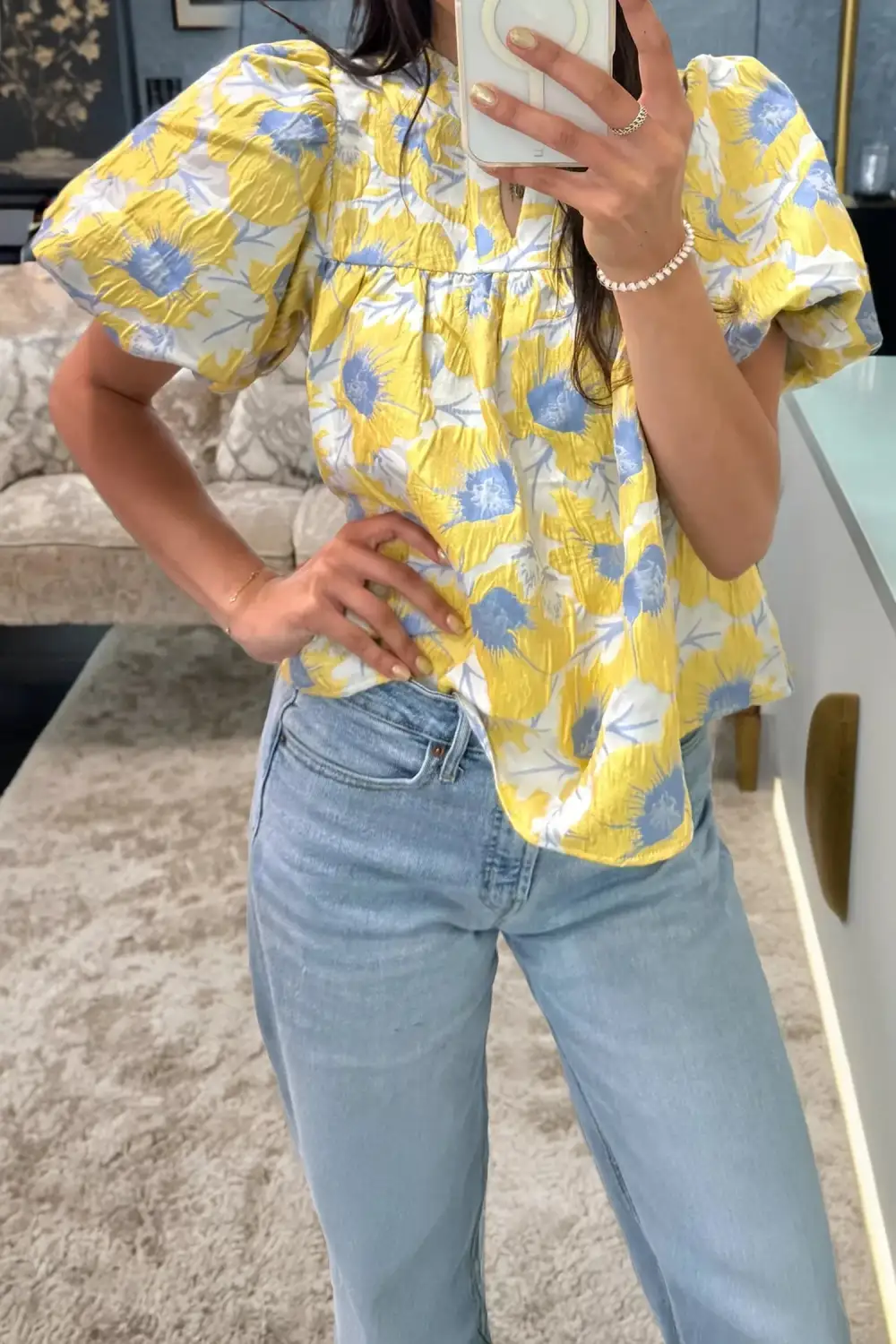 Short Bubble Sleeve Floral Blouse