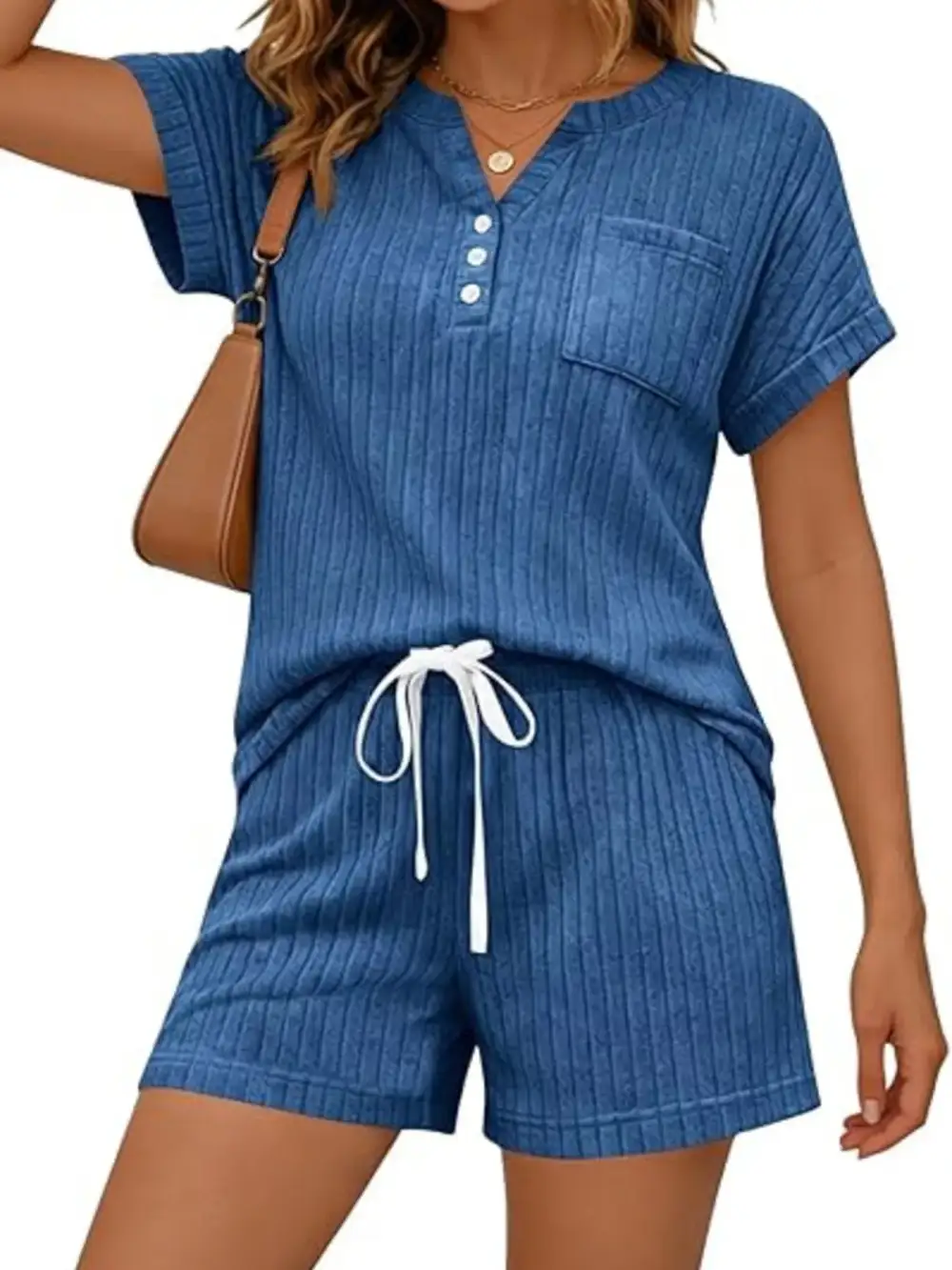 Casual Ribbed Knit Tee Shorts Set