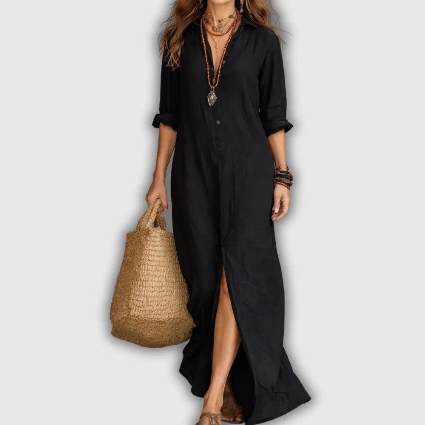 Linen Shirt Style Relaxed Maxi Dress