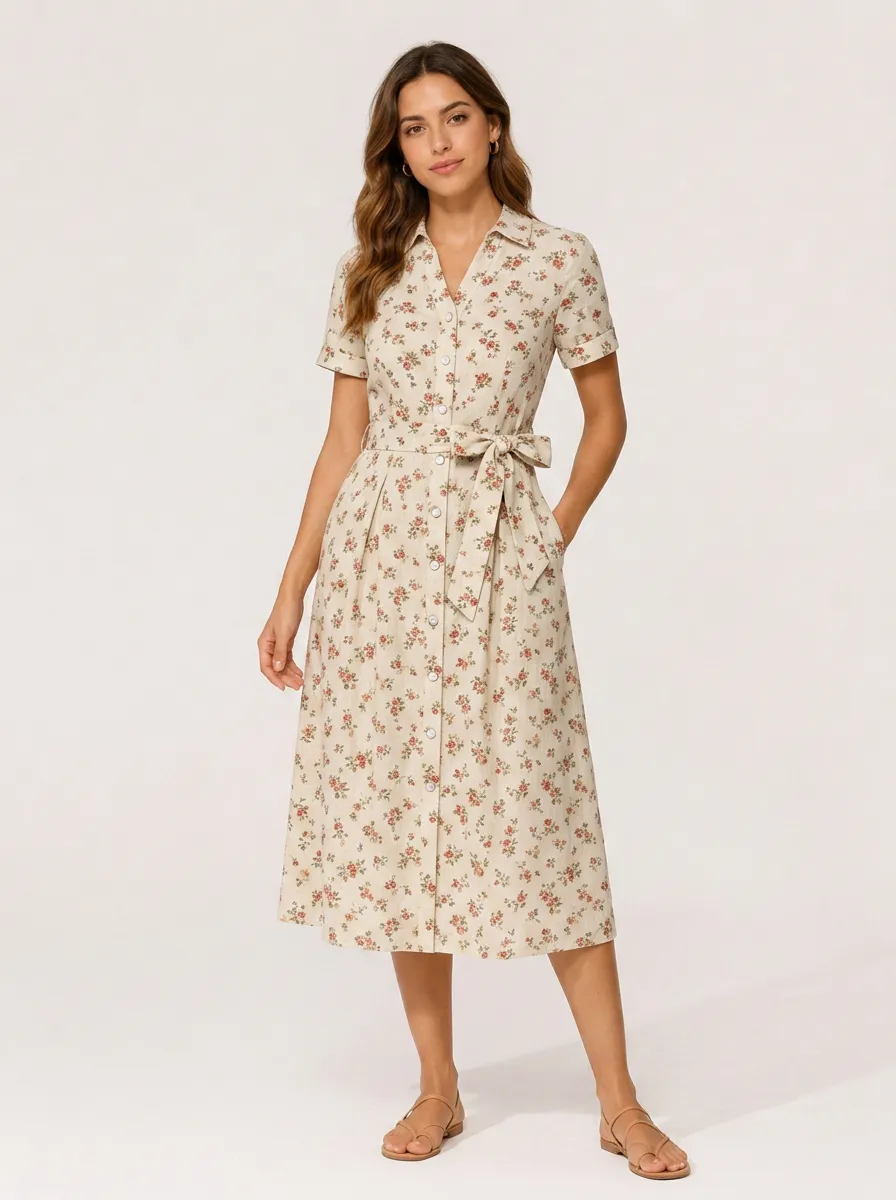 Women's Vintage Floral Pattern Printed Button Down Midi Dress