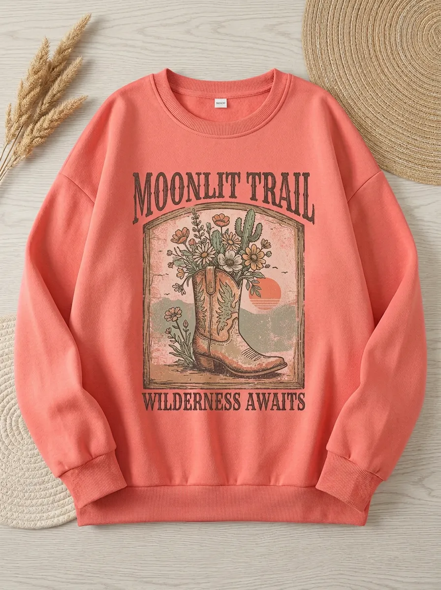 Floral Cowboy-Boot Moon Women's Western Crew Neck Sweatshirt