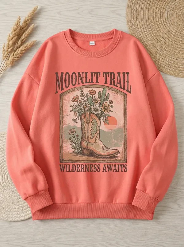 Floral Cowboy-Boot Moon Women's Western Crew Neck Sweatshirt