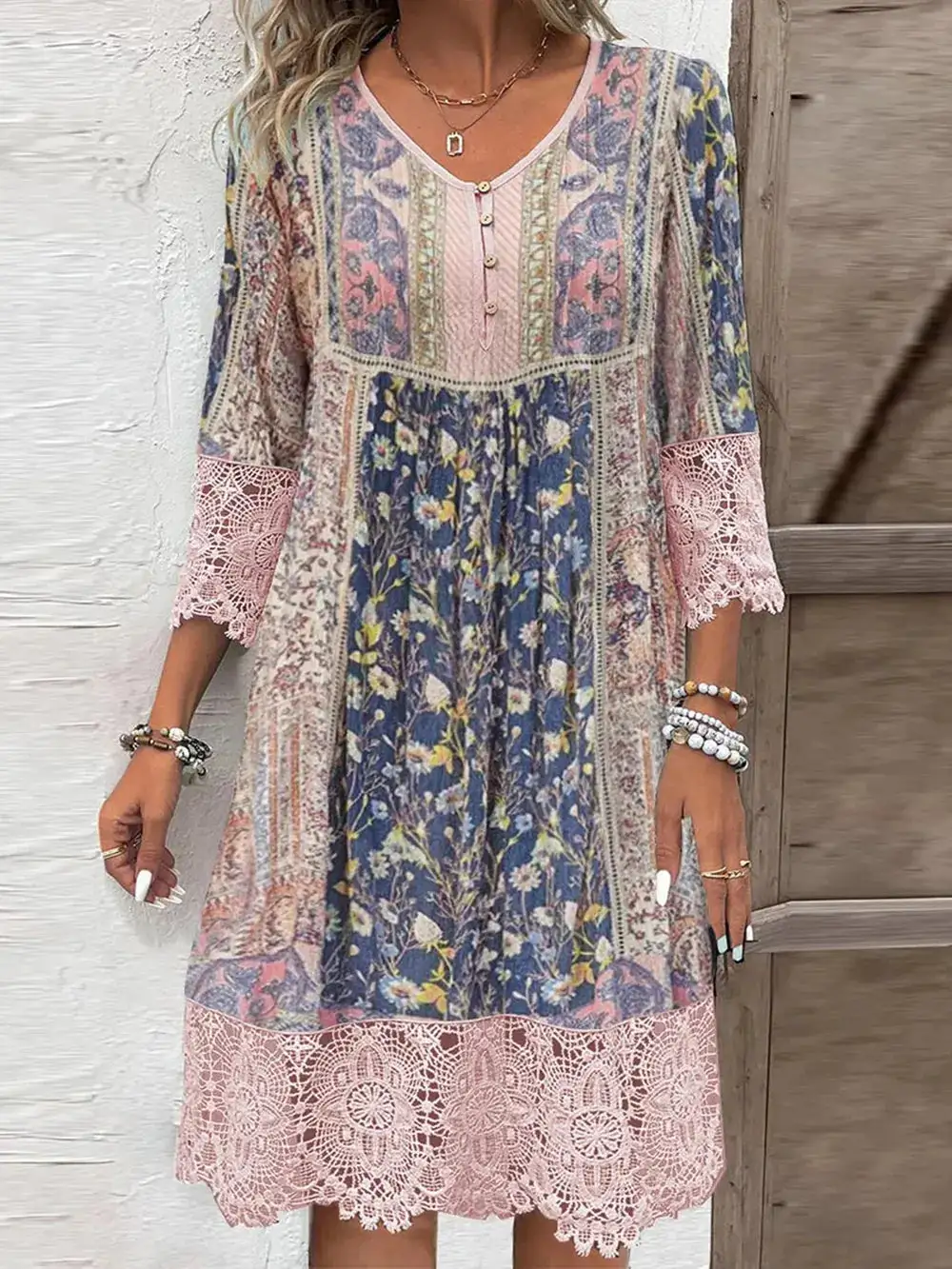 Printed Three-Quarter Lace Mini Dress