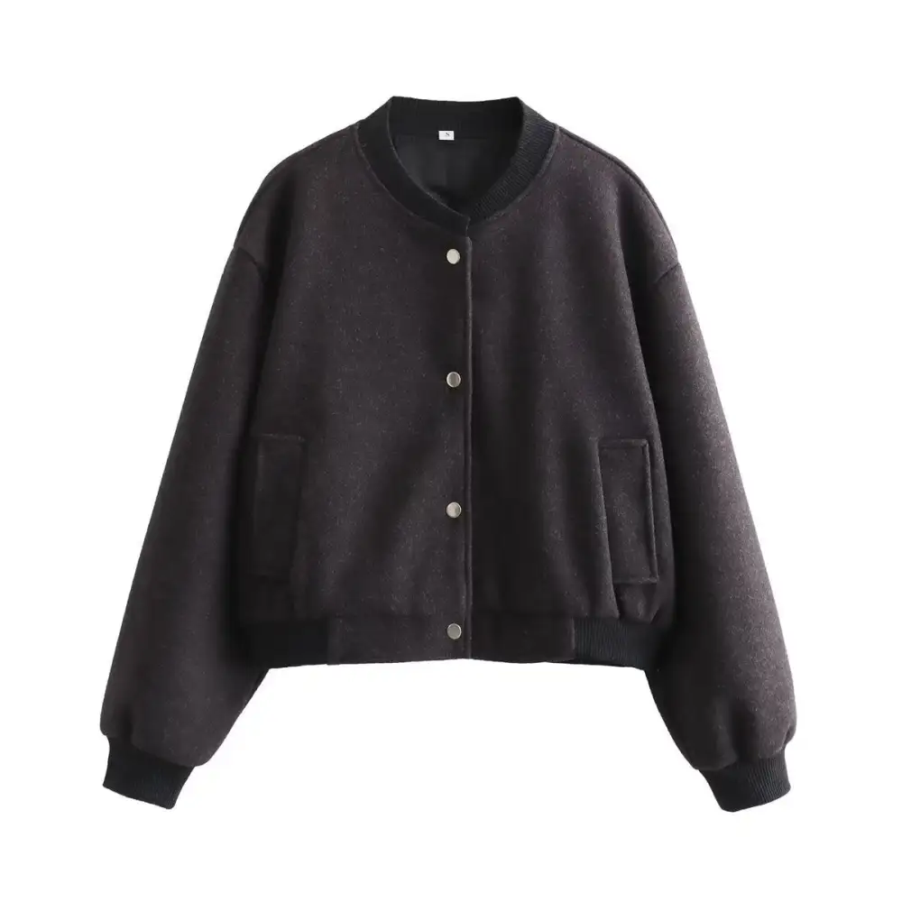 Quilted Wool Blend Snap Front Ribbed Trim Bomber Jacket