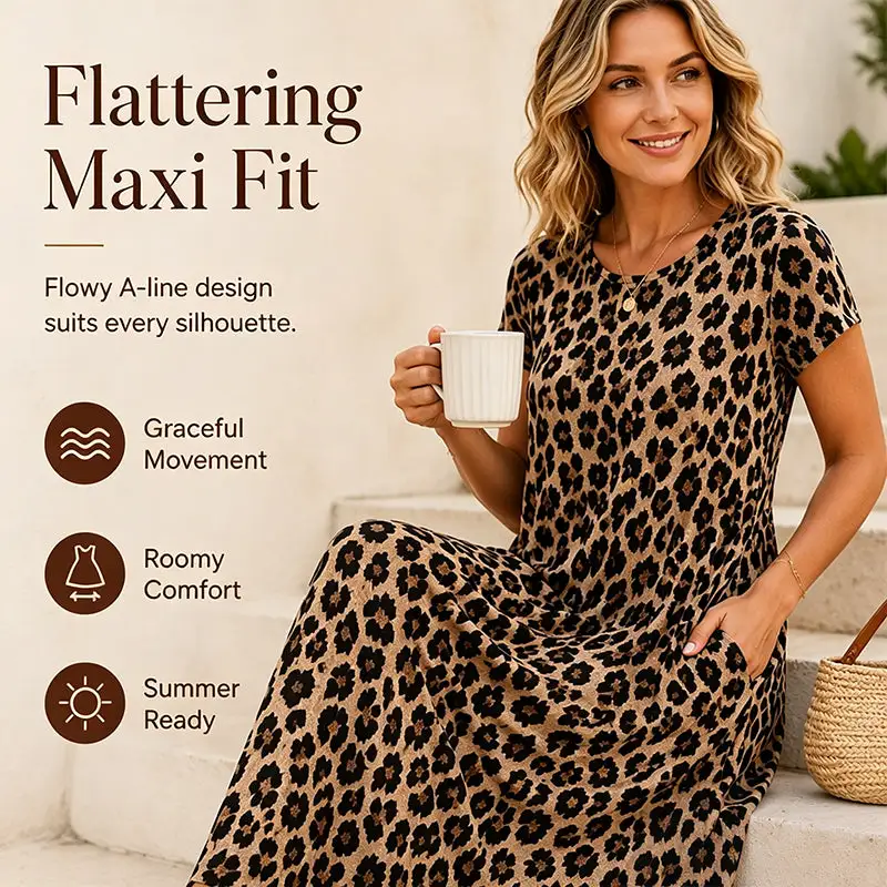 Summer Hot Sale 50% Off! Women's Leopard Print Maxi Dress with Pockets Casual Short Sleeve Long Dress