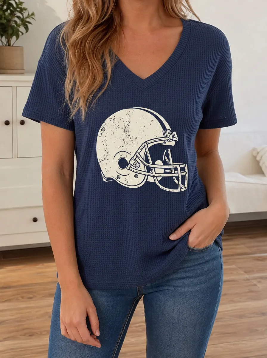 Women's Heritage Football Fan Distressed Helmet Printed Waffle Knit Top
