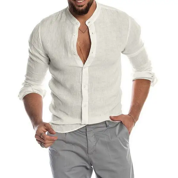 Men's Linen Shirt With Stand-up Collar Continuous Button Placket And Casual Slim-Fit Cut