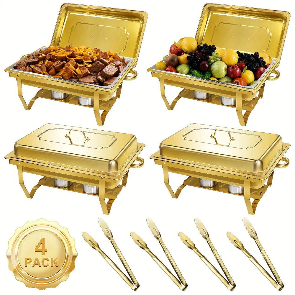 Versatile Gold Chafing Dish Set with Lids and Tongs, Home and Commercial Kitchen Helper for Buffets