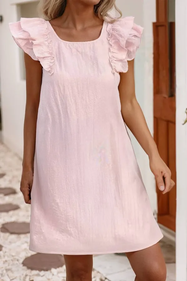 Textured BowBack SquareNeck FlutterSleeve Dress