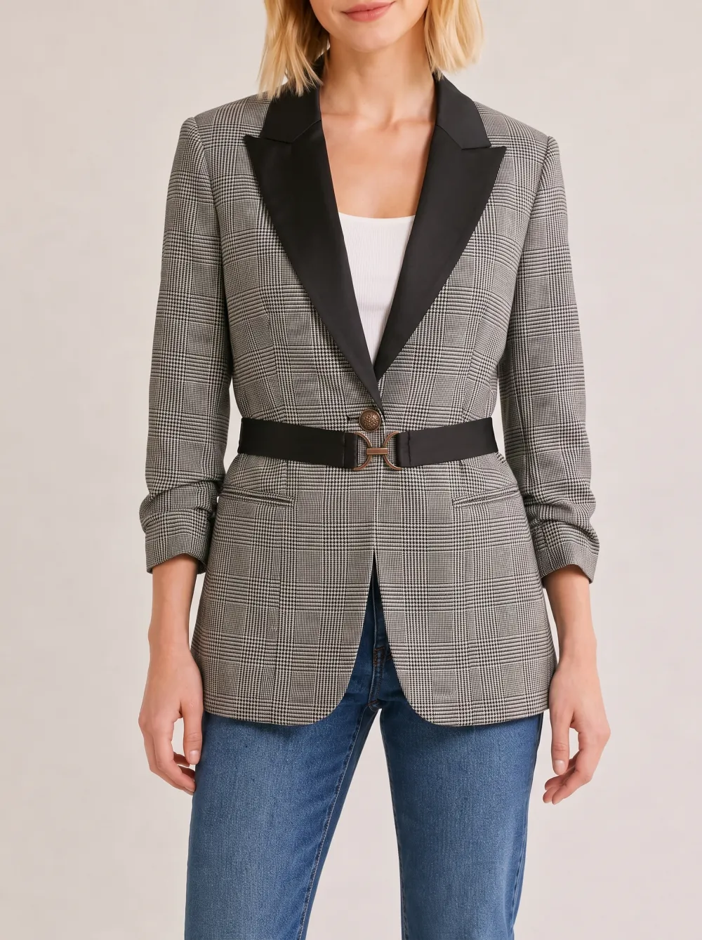 Women's Plaid Pattern Black Lapel Belted Printed Blazer