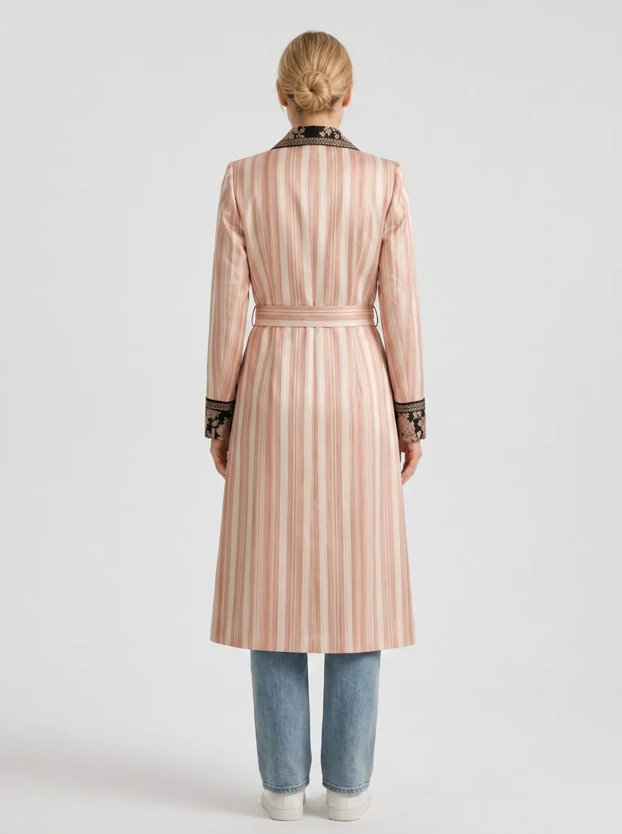 Women's Floral Striped Contrast Printed Trench Coat