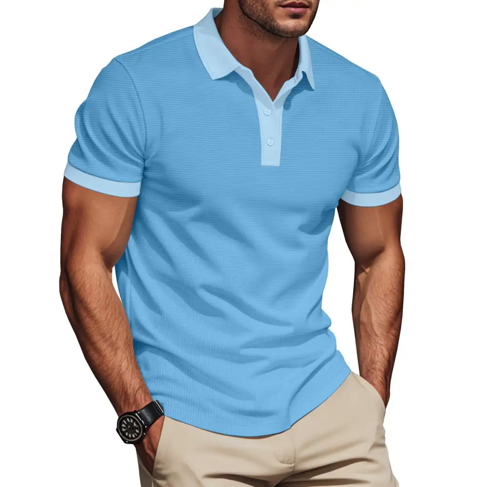 Waffle Texture Button Placket Fitted Polo Shirt