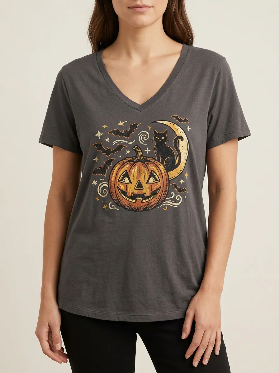 Women's Halloween Pumpkin Cat Moon Bats Printed V-neck T-shirt