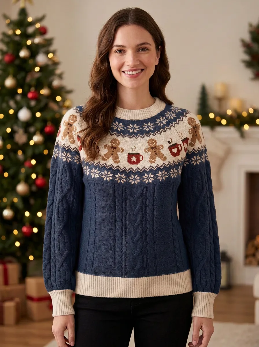 Christmas Holiday Gingerbread Man Cocoa Print Sweater