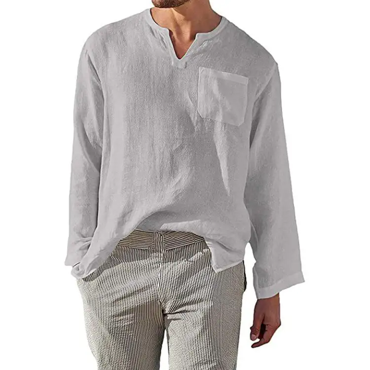Men's Linen Long-Sleeve Shirt With Henley Neckline And Chest Pocket