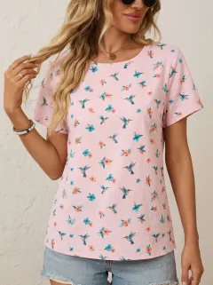 Hummingbird Hibiscus Floral Women's Loose Printed T-Shirt