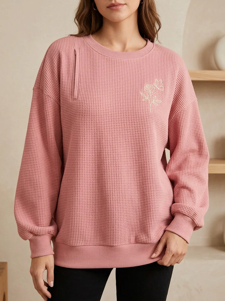 Women's Pink Rose Butterfly Minimalist Printed Waffle Sweatshirt