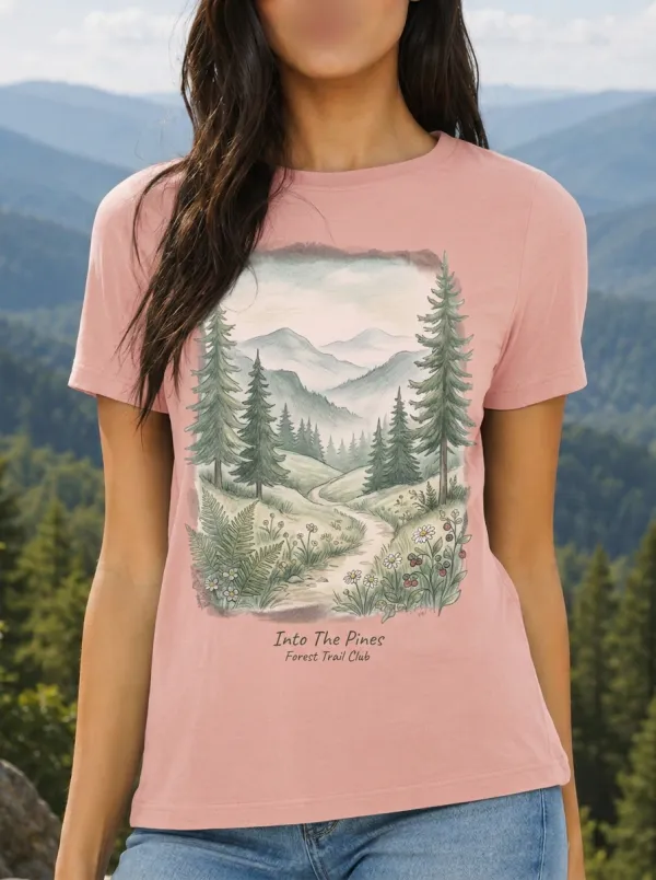 Women's Nature Lover Mountain Forest Trail Printed T-shirt