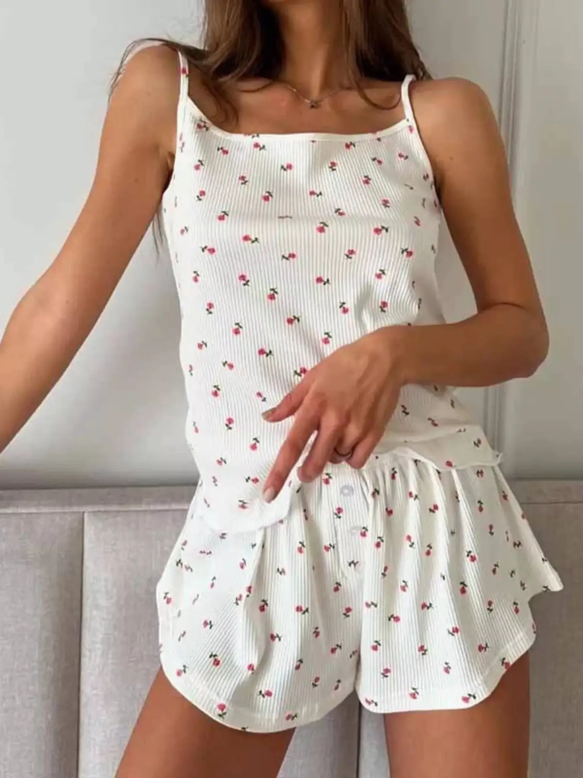 Ribbed Floral-Print Top and Shorts Lounge Set
