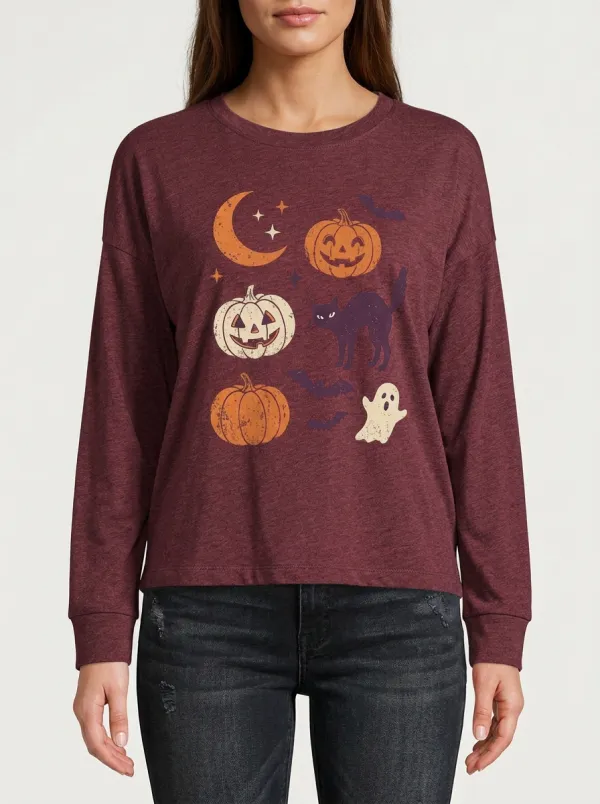 Women's Halloween Pumpkin Cat Ghost Printed Long Sleeve Top