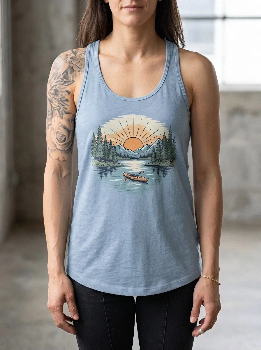 Women's Nature Kayaking Mountain Sunset Printed Tank Top