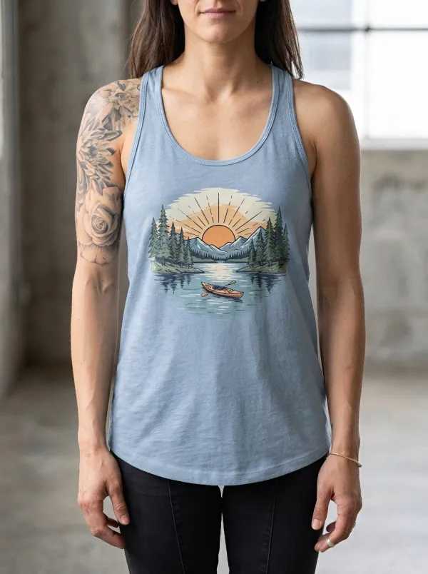 Women's Nature Kayaking Mountain Sunset Printed Tank Top