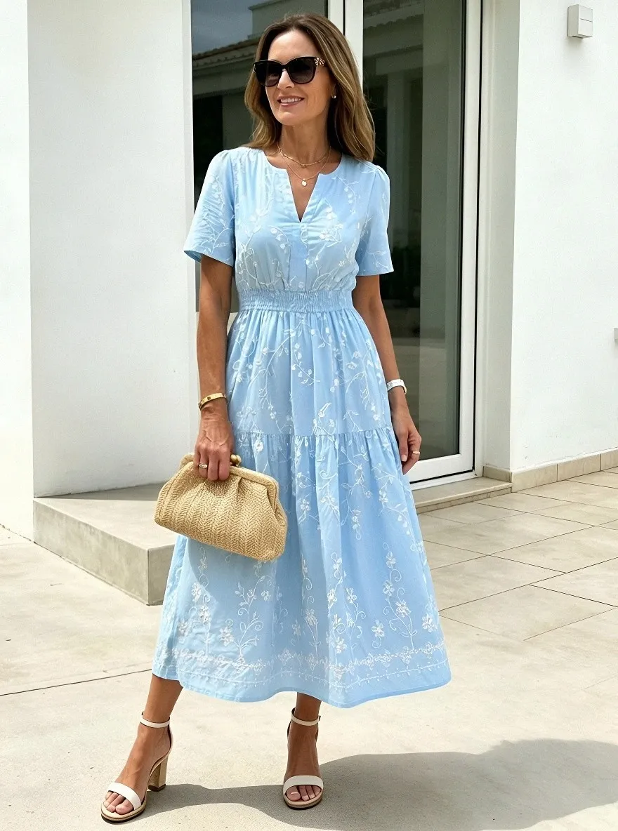Women's Summer Vacation Boho Floral Embroidered Printed Dress
