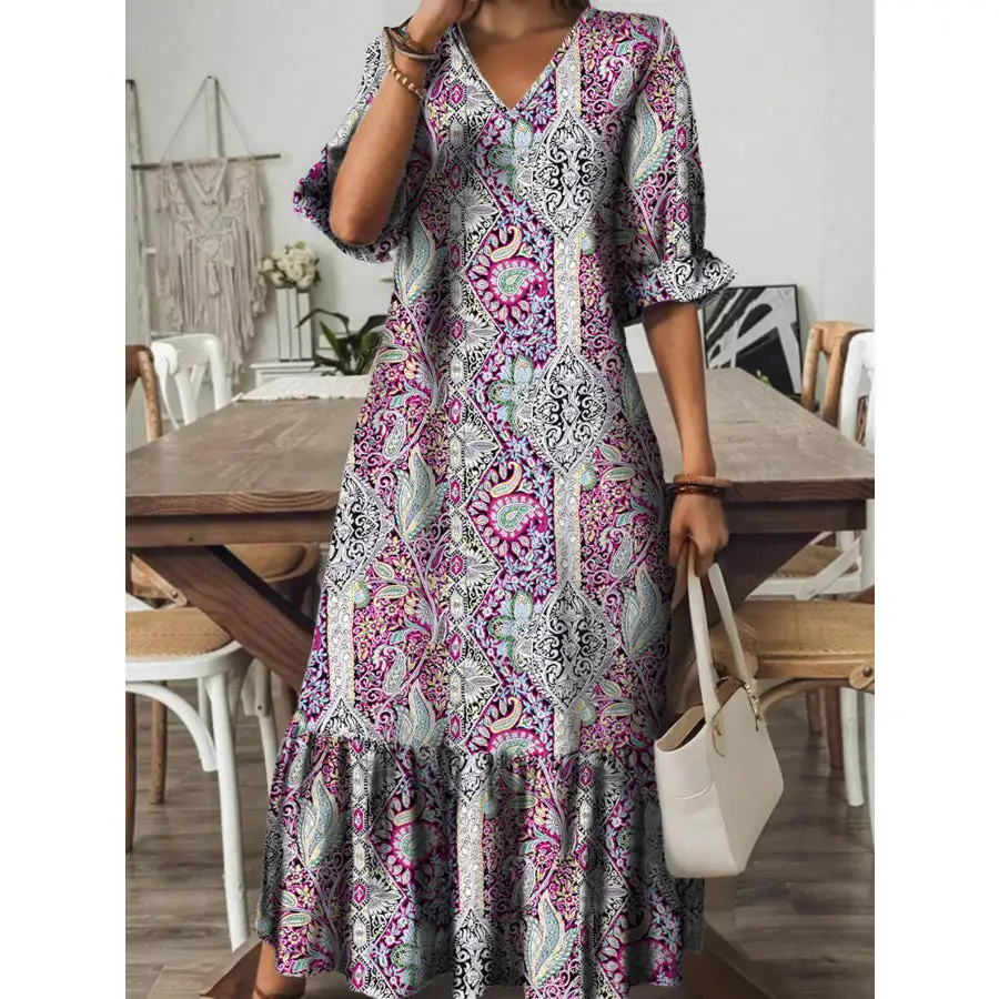 Full Size Bohemian Paisley V-Neck Midi Dress Plus Size