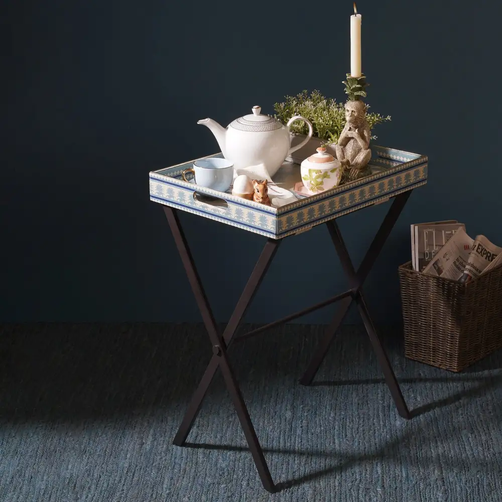 Blue Handled Faux Leather Serving Tray