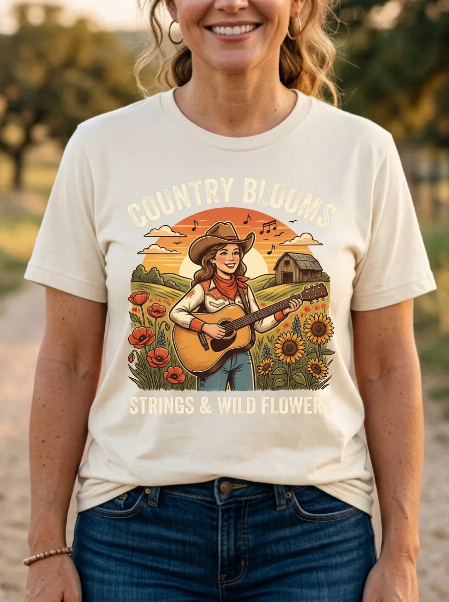 Guitar Cowgirl Country Music Crewneck T-Shirt